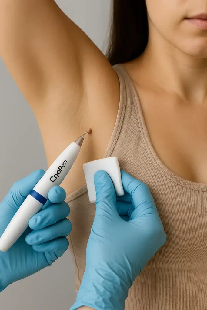 woman having cryopen to remove underarm skin tags Merton Park